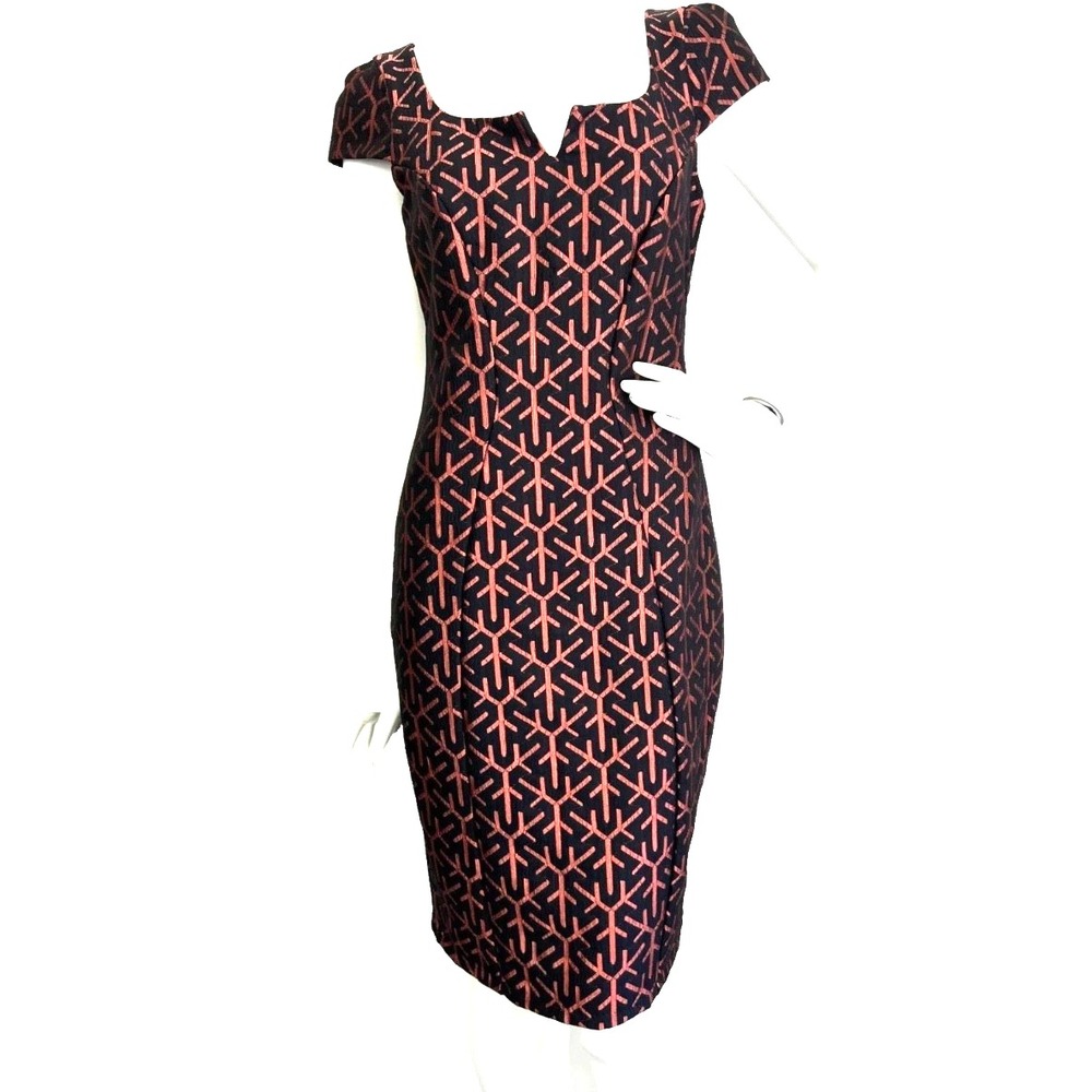 Eva Franco Dress 6 Small Black Copper Geo Jacquard Retro Sheath Cap Sleeve EUC